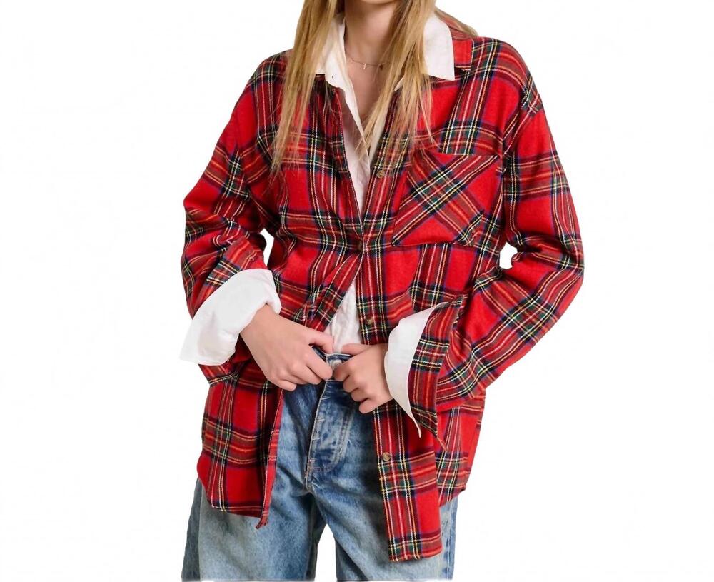 NEW LA MIEL plaid oversized button front shirt in holiday red